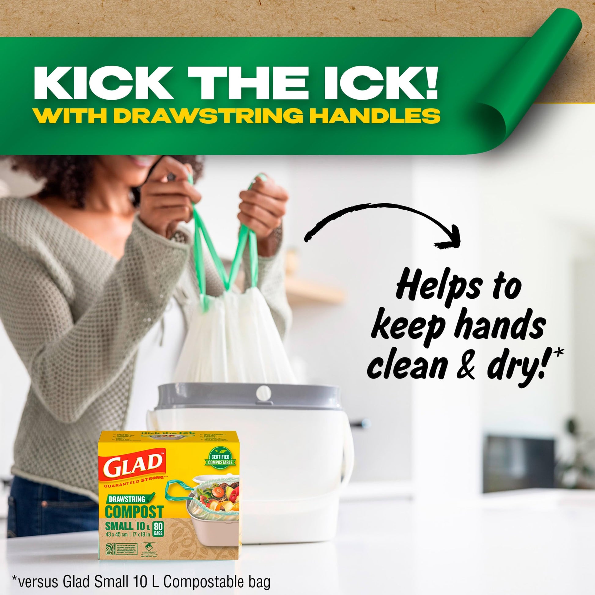 Glad Certified Compostable Drawstring Bags - Small 10 Litres - Drawstring, 80 Compost Trash Bags - Unscented