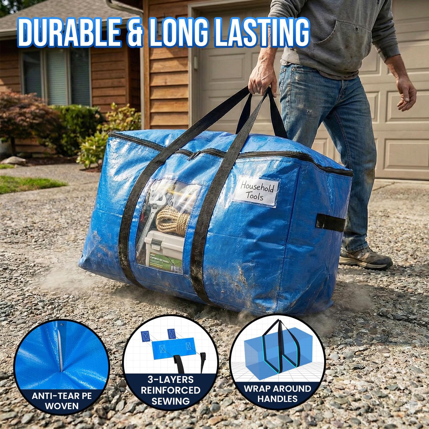 TAILI Extra Large Moving Bags, Heavy Duty Totes for Storage with Visible Window, U-Shaped Around Handles, Storage Contrainer Box for Space Saving, Blue, 4 Pack - Available at All In One Marketplace Canada