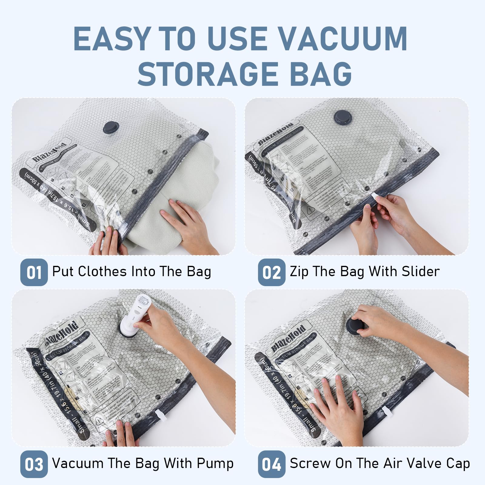 BlazeHold Travel Vacuum Bags with Rechargeable Pump, 20 Pack 4 Sizes Cordless Travel Vacuum Bag Set for Luggage, Thickened Compression Storage Packing Bags for Clothes, Triple-Zipper Sealer Upgrade - Available at All In One Marketplace Canada