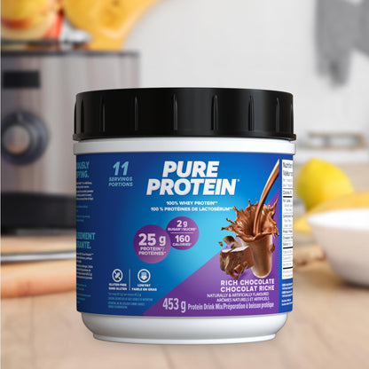 Pure Protein Whey Powder - High Protein (25 g/scoop), Low Sugar (2 g/scoop), Gluten Free - Fast-Acting Formula, Chocolate, 453g - Available at All In One Marketplace Canada