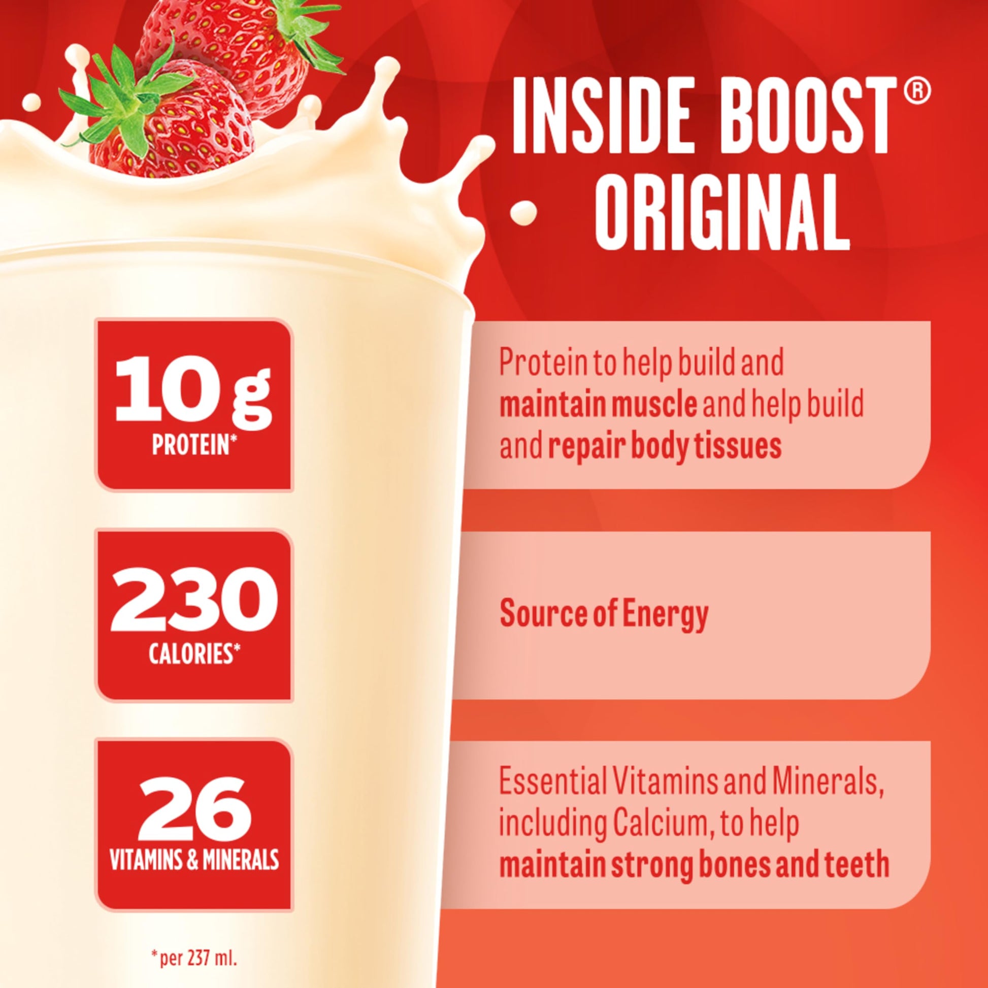 BOOST Original Strawberry Meal Replacement Drink - 6 Pack of 237ml Bottles
