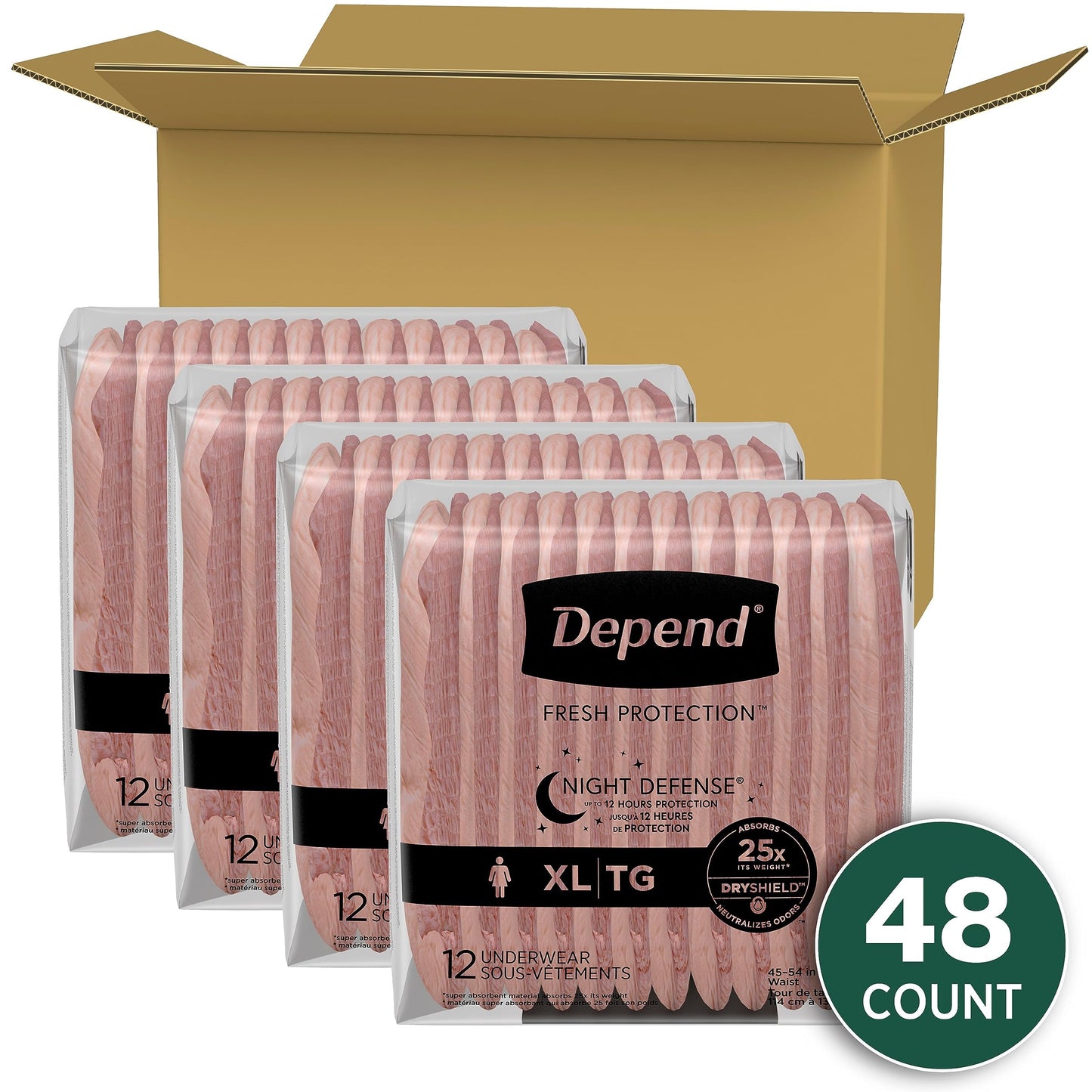 Depend Night Defense Adult Incontinence Underwear for Women, Disposable, Overnight, Extra-Large, Blush, 48 Count Depend