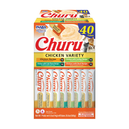 INABA Churu Friandises pour chats, Purée crémeuse à lécher et à presser, avec extrait de thé vert et taurine, 14 grammes par tube, 40 tubes, Boîte assortiment Poulet