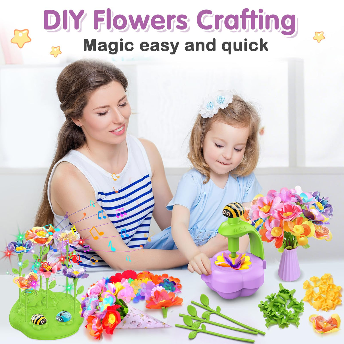 Fabric Flower Bouquets Toys, DIY Arts and Crafts Kit Toys for Kids Ages 4-8, Preschool Educational Activity Toy, Toddler Girls Christmas Birthday gifts for 4 5 6 7 8 Year Old Girl 🍁 All In One Marketplace Canada