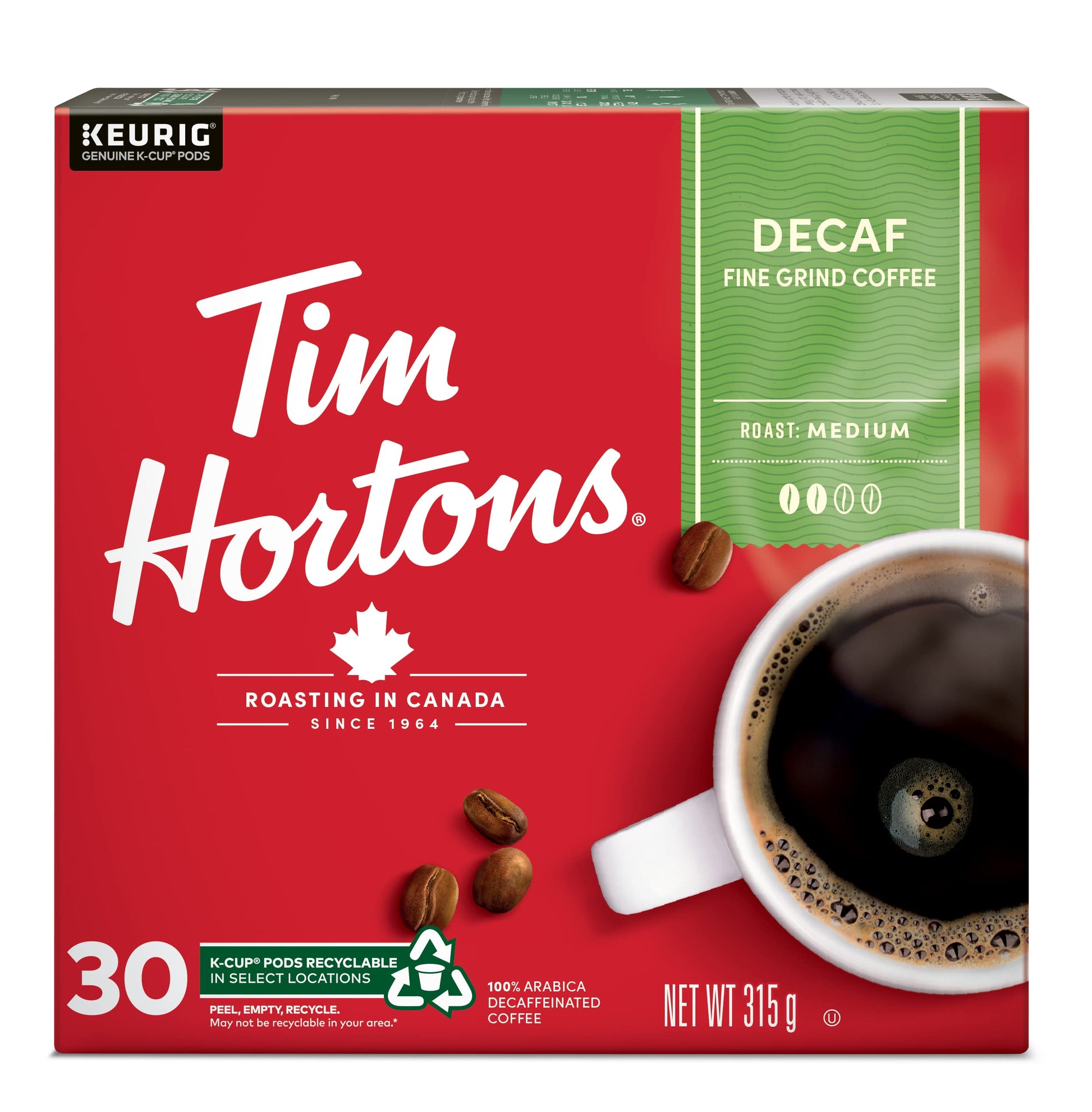 Tim Hortons Decaf Medium Roast Coffee K-Cup Pods, 30 Count