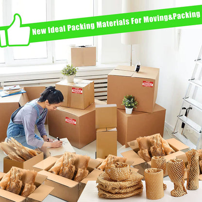 Honeycomb Packing Paper, MINHAO 15"x230' Eco Friendly Packing Paper for Moving Recyclable Honeycomb Paper Moving Supplies Bubble Wrapping Protective Roll, With 36 Fragile Sticker Labels