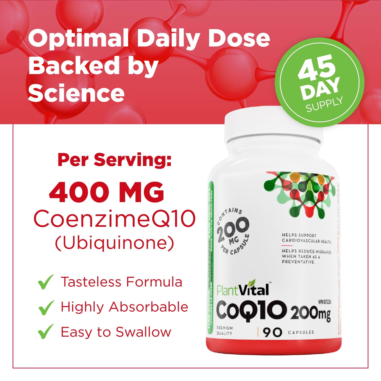 PlantVital Coenzyme Q10 - Made in Canada - 400mg (2 capsule per day) - CoQ10 Supplement - Support Cardiovascular Health - High-Potency - Helps Reduce Migraine Frequency - 45 Days Supply - 90 Capsules - Available at All In One Marketplace Canada