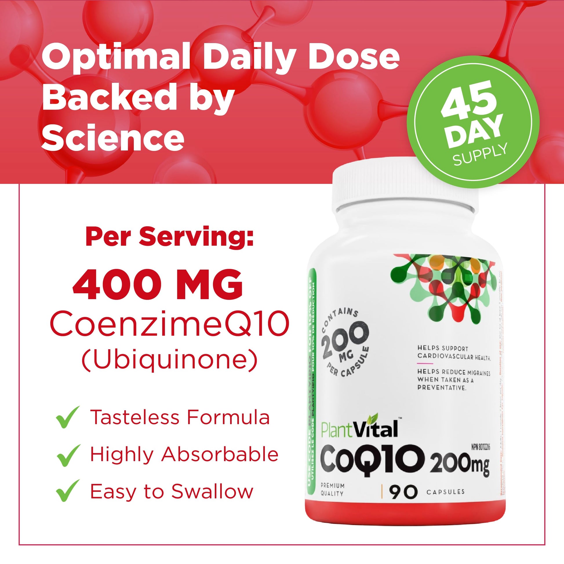 PlantVital Coenzyme Q10 - Made in Canada - 400mg (2 capsule per day) - CoQ10 Supplement - Support Cardiovascular Health - High-Potency - Helps Reduce Migraine Frequency - 45 Days Supply - 90 Capsules - Available at All In One Marketplace Canada
