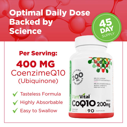 PlantVital Coenzyme Q10 - Made in Canada - 400mg (2 capsule per day) - CoQ10 Supplement - Support Cardiovascular Health - High-Potency - Helps Reduce Migraine Frequency - 45 Days Supply - 90 Capsules - Available at All In One Marketplace Canada