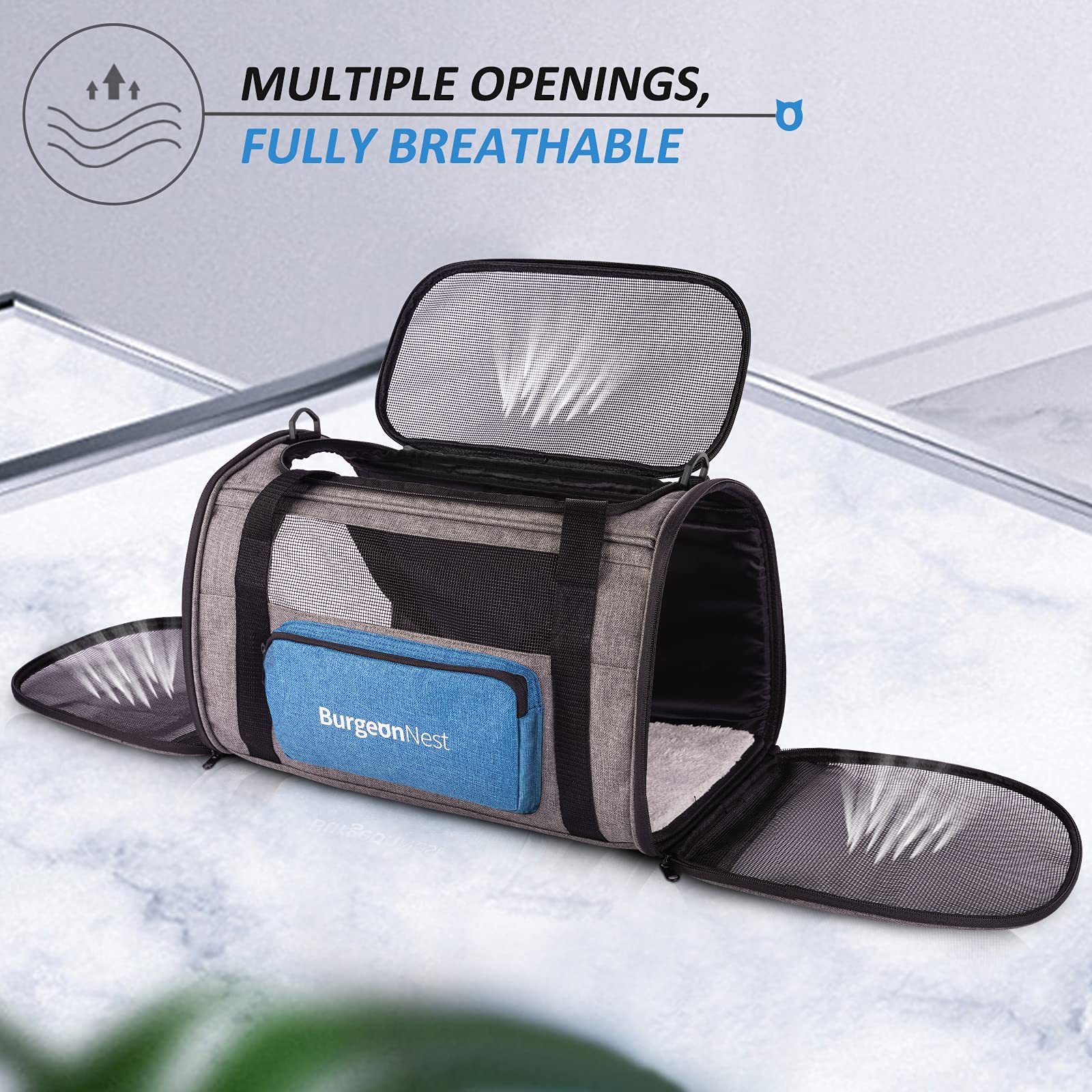 BurgeonNest Cat Carriers for Medium Cats Under 25 lbs, Pet Carrier for Cats with Unique Side Bag,Top Load Small Pet Carrier Soft-Sided Escape Proof with 4 Ventilated Windows
