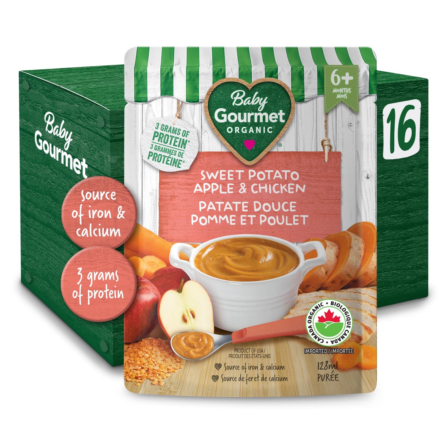 Baby Gourmet Sweet Potato Apple & Chicken, 16 × 128 mL Pouches | 6 Months+ | Organic Protein Meal | No Added Sugar or Salt | Canadian Brand 🍁 All In One Marketplace Canada