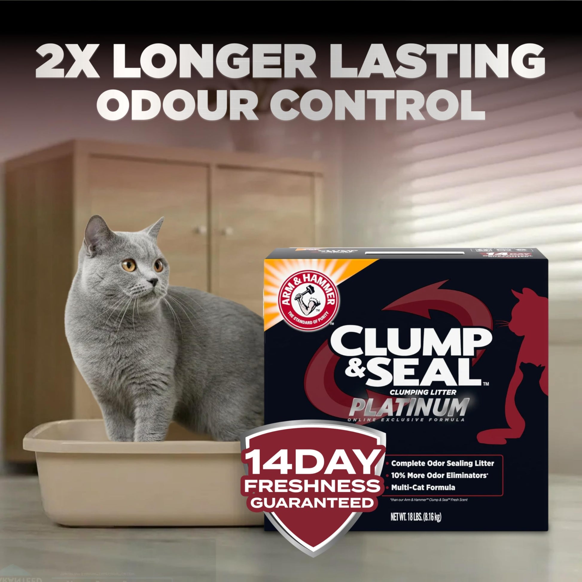 ARM & HAMMER Platinum Cat Litter Clump & Seal Complete Odour Sealing with 14 Days of Odour Control Multi-Cat, Hard Clumping Clay, 99.99% Dust Free 8.16kg (Pack of 1)