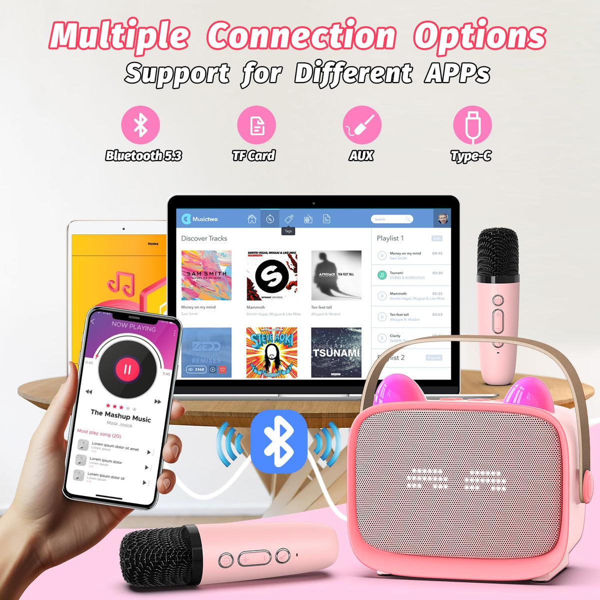 Mini Karaoke Machine Toys Gifts, Kids Portable Bluetooth Speaker with 2 Wireless Microphone and LED, Christmas Birthday Gift Idea for Girls Boys 3-12 + Year Old, Noisemaker Toys for Party (Pink) 🍁 All In One Marketplace Canada