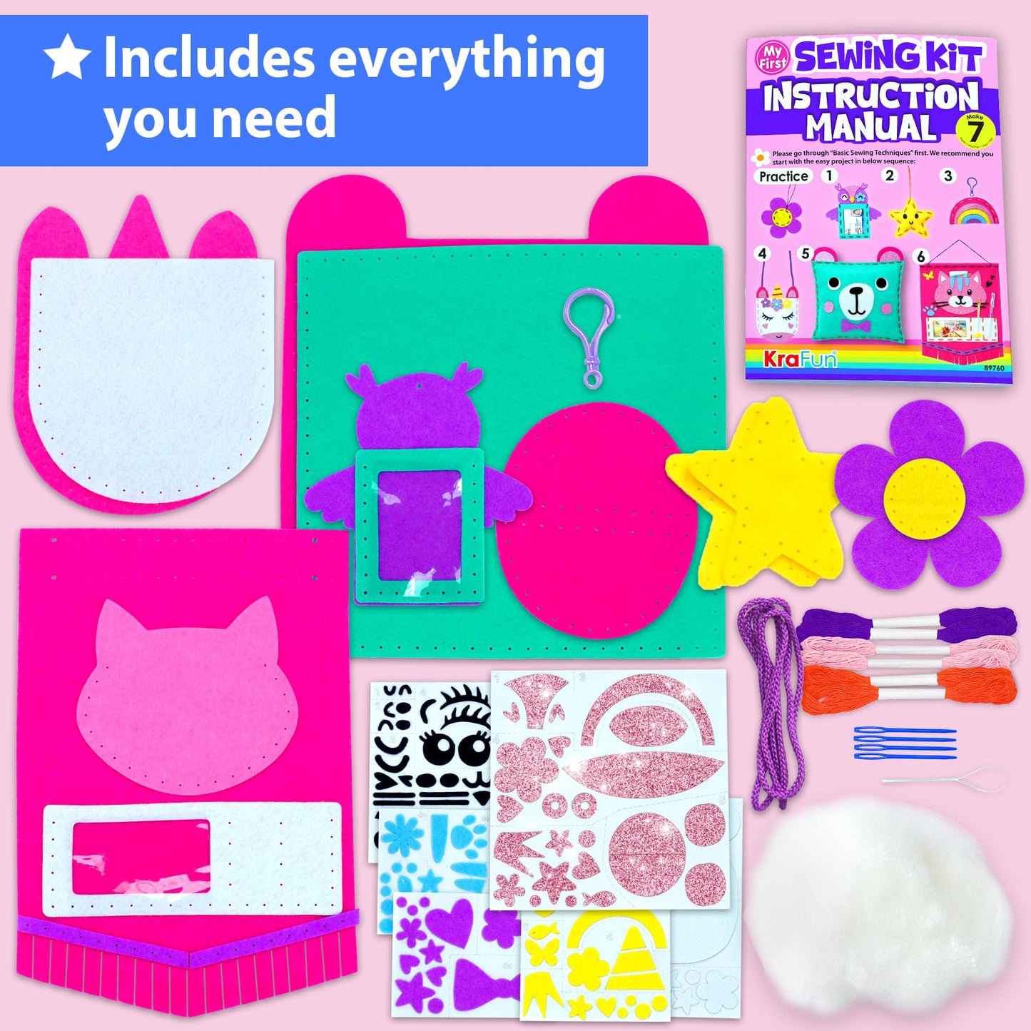 KRAFUN My First Sewing Kit for Kids Age 5+ Beginner Art & Craft, Includes 7 Easy Projects Dolls, Pillows, Bag, Instruction & Plush Felt Materials for Learn to Sew, Embroidery Skills - Available at All In One Marketplace Canada