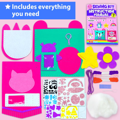 KRAFUN My First Sewing Kit for Kids Age 5+ Beginner Art & Craft, Includes 7 Easy Projects Dolls, Pillows, Bag, Instruction & Plush Felt Materials for Learn to Sew, Embroidery Skills - Available at All In One Marketplace Canada