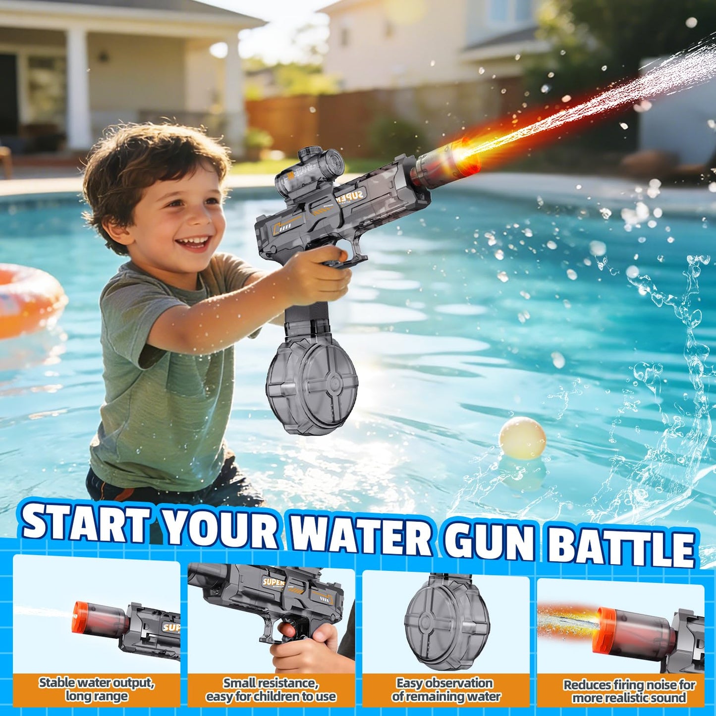 4PCS Electric Water Gun for Kids Adults,Mini Auto Squirt Gun with Flashing Muzzle,26FT Range,Leak-Proof Rechargeable Water Blaster for Summer Pool Beach Water Fights (Black+Blue)