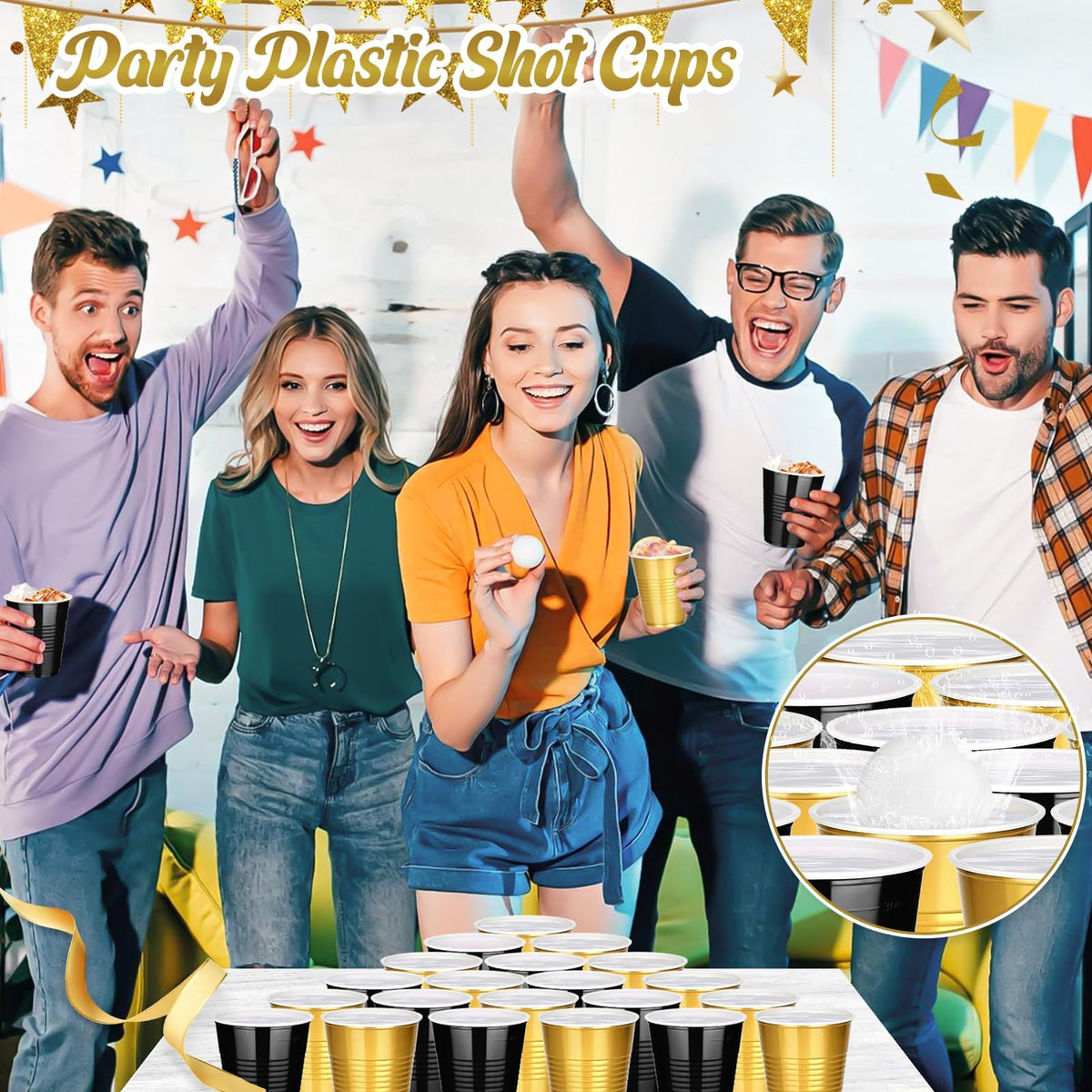 100 PCS 12 OZ Plastic Cups, Party Cups Black and Gold Cups Disposable Drinking Cup Bulk for Christmas Graduation Wedding Birthday Halloween New Year Family Gathering Festive Celebrations 🍁 All In One Marketplace Canada