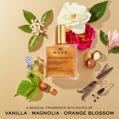 NUXE Huile Prodigieuse Shimmer Multi-Purpose Dry Oil - Luxurious Radiant Glow and Hydration for Face, Body & Hair (50 ml) Nuxe