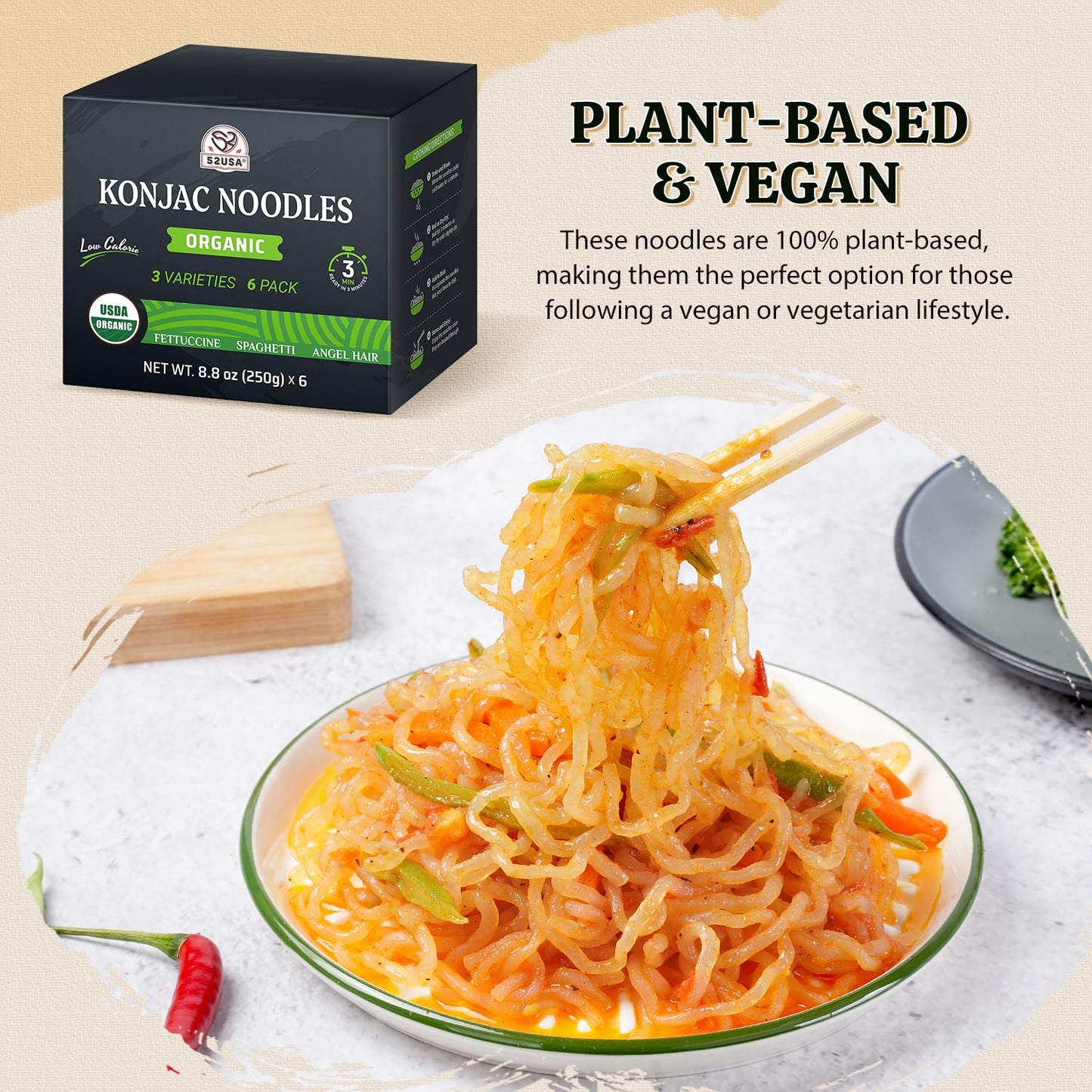 52USA Organic Konjac Shirataki Noodles - Low Carb Pasta Variety Pack (1500g, 6 Pack)