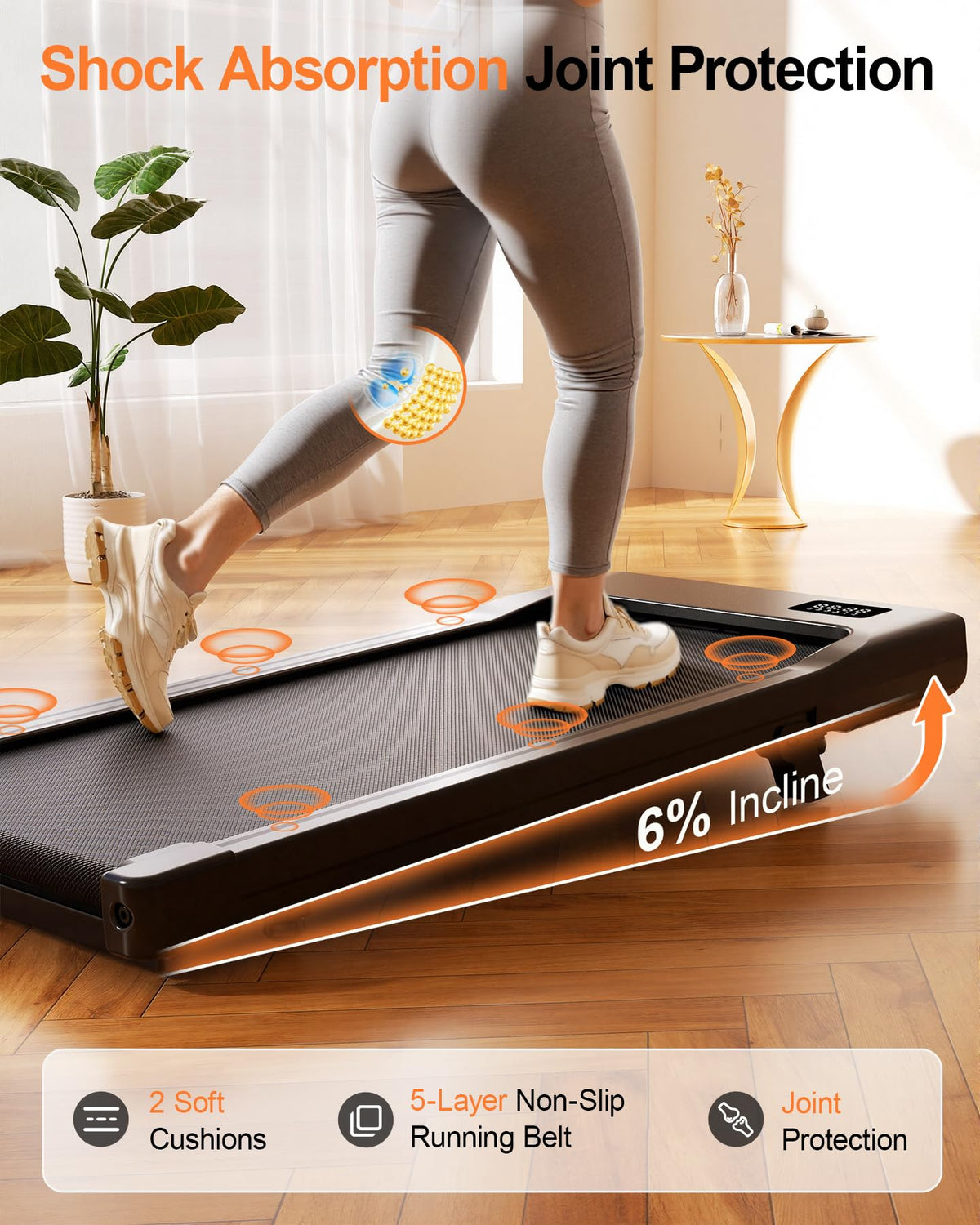MJWW Walking Pad with 6% Incline, No-Assembly Under Desk Treadmill, 2.5 HP Quiet Motor, APP & Remote Control, LED Display, 300 lbs Capacity for Home/Office
