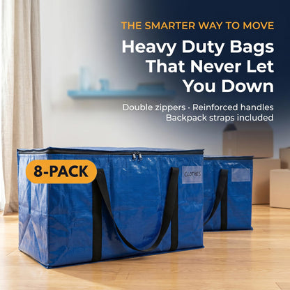 ClearSpace Heavy Duty Moving Bags or Storage Bag, 8 Pack – Large Moving Boxes with Backpack Straps, Zippers & Handles – Perfect for College Dorm, Traveling, Camping, Christmas Decorations