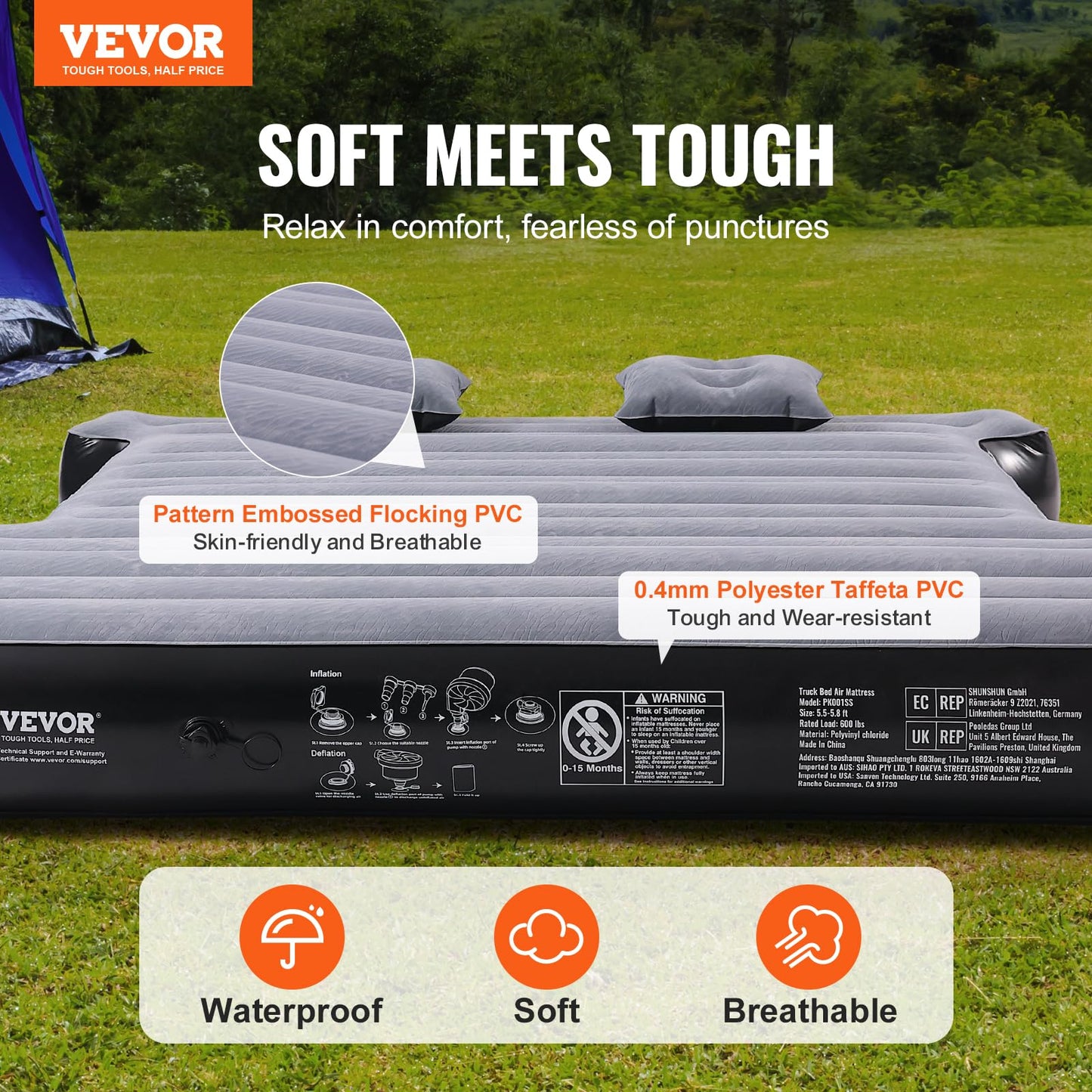 VEVOR Truck Bed Air Mattress, for 5.5-5.8 ft Full Size Short Truck Beds, Inflatable Air Mattress Camping Bed with 12V Air Pump 2 Pillows, Carry Bag, for Silverado, RAM, F Series, Sierra, Titan, Tundra VEVOR