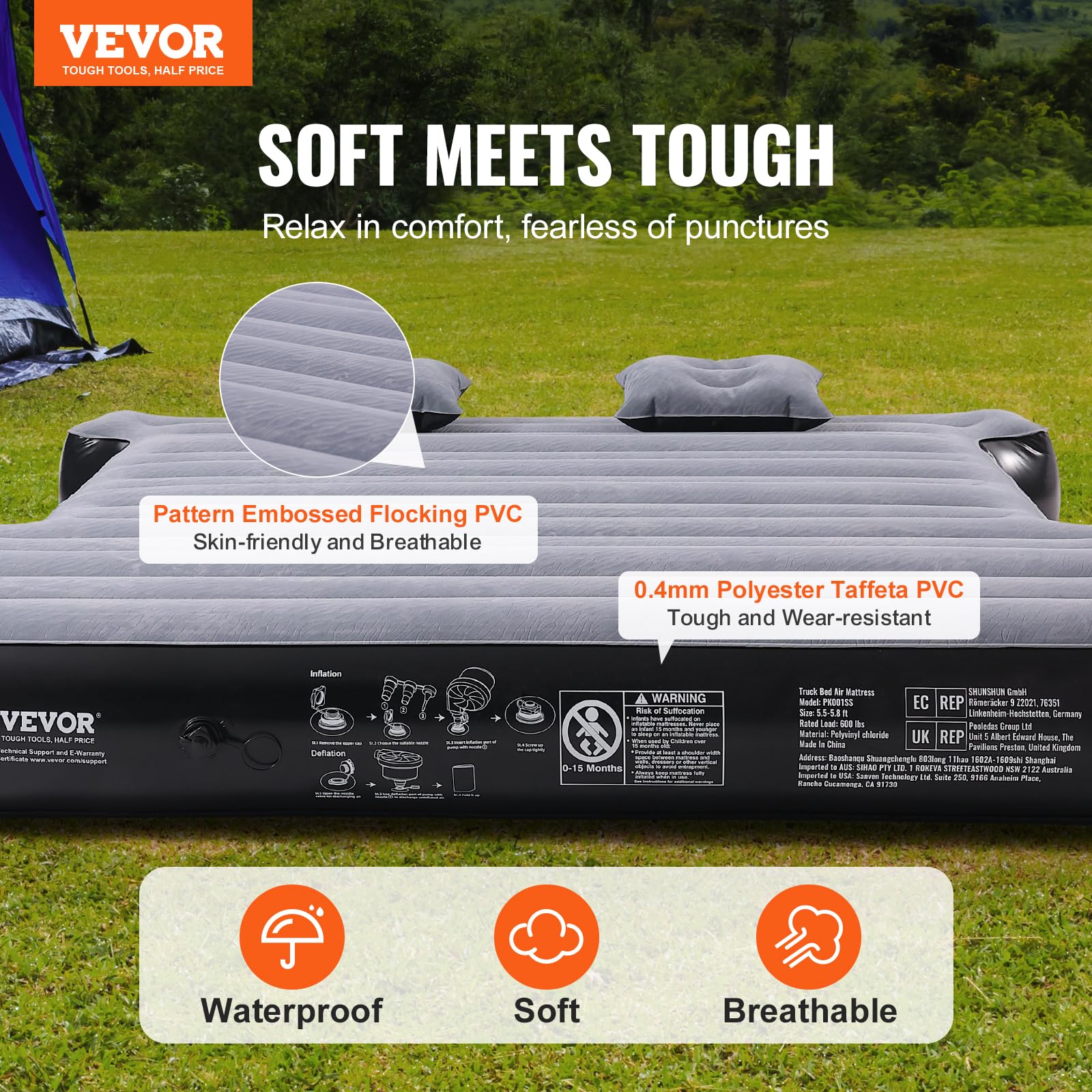 VEVOR Truck Bed Air Mattress, for 5.5-5.8 ft Full Size Short Truck Beds, Inflatable Air Mattress Camping Bed with 12V Air Pump 2 Pillows, Carry Bag, for Silverado, RAM, F Series, Sierra, Titan, Tundra VEVOR