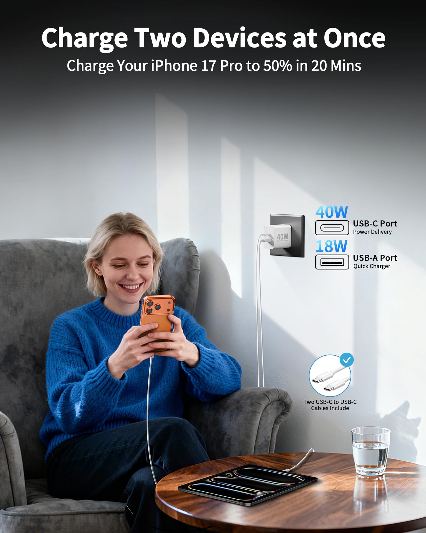 USB C Charger Block, 2Pack 40W Dual Port Type C Fast Wall Charger Plug Cube