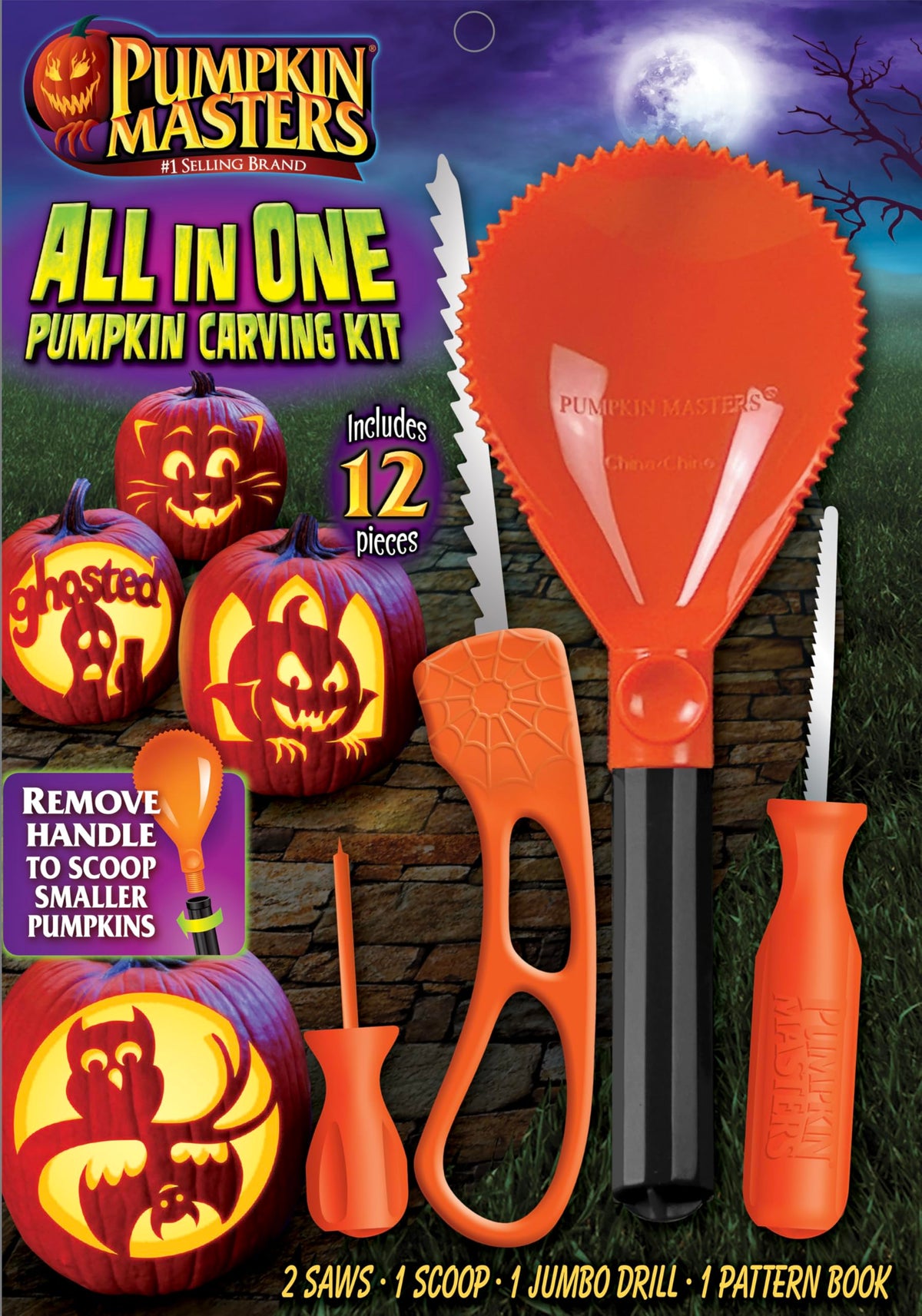 Kit de sculpture tout-en-un premium Pumpkin Masters – Kit complet de sculpture de citrouille d'Halloween avec grands outils à manche et nouveaux motifs