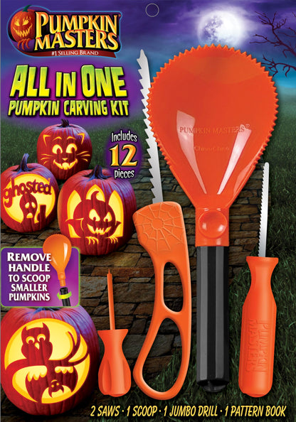 Kit de sculpture tout-en-un premium Pumpkin Masters – Kit complet de sculpture de citrouille d'Halloween avec grands outils à manche et nouveaux motifs
