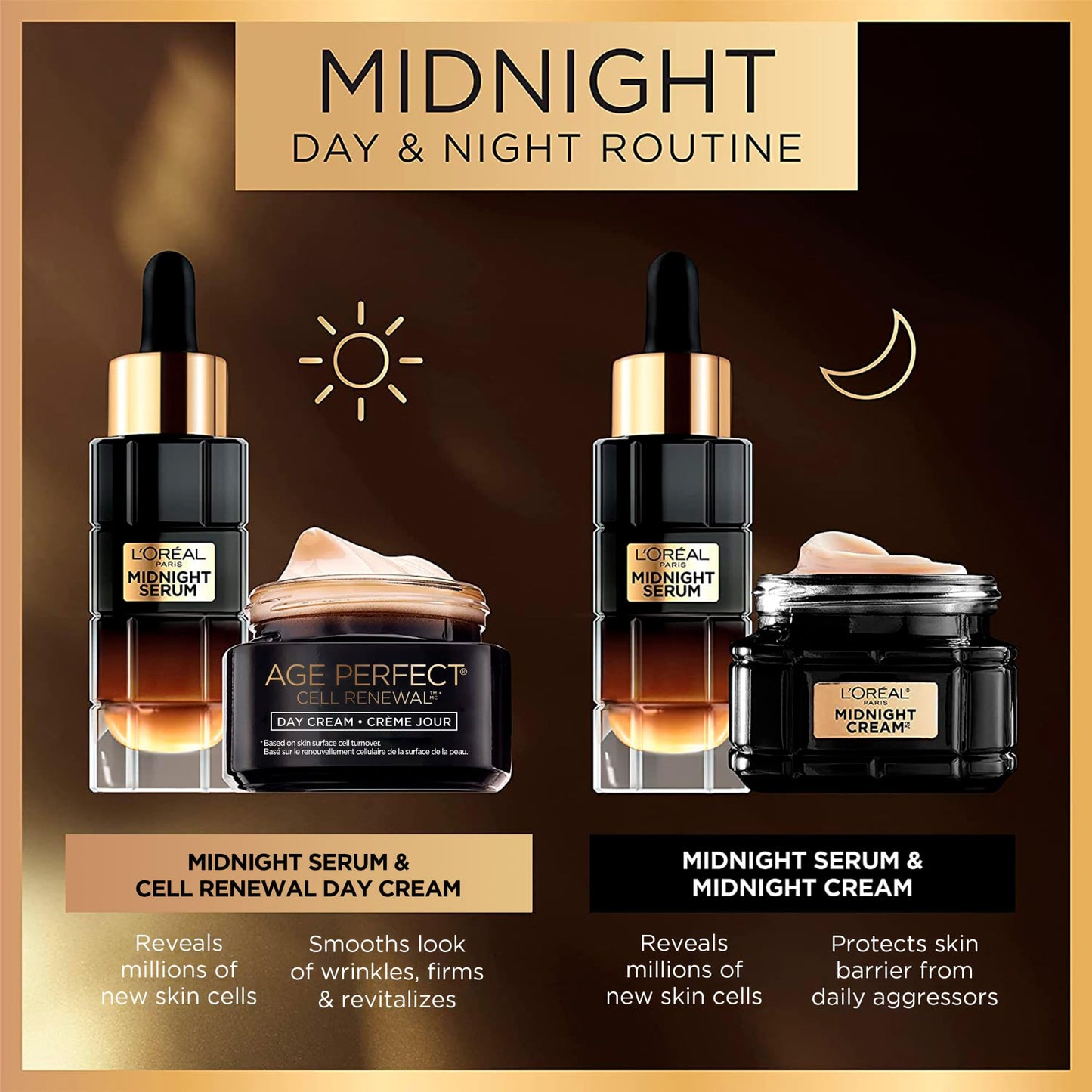 L'Oréal Paris Midnight Night Cream, Face Mositurizer with Vitamin E + Antioxidant Recovery Complex, Reduces look of Wrinkles, Firm & Comfort Skin, Age Perfect Cell Renewal, 50ml - Available at All In One Marketplace Canada