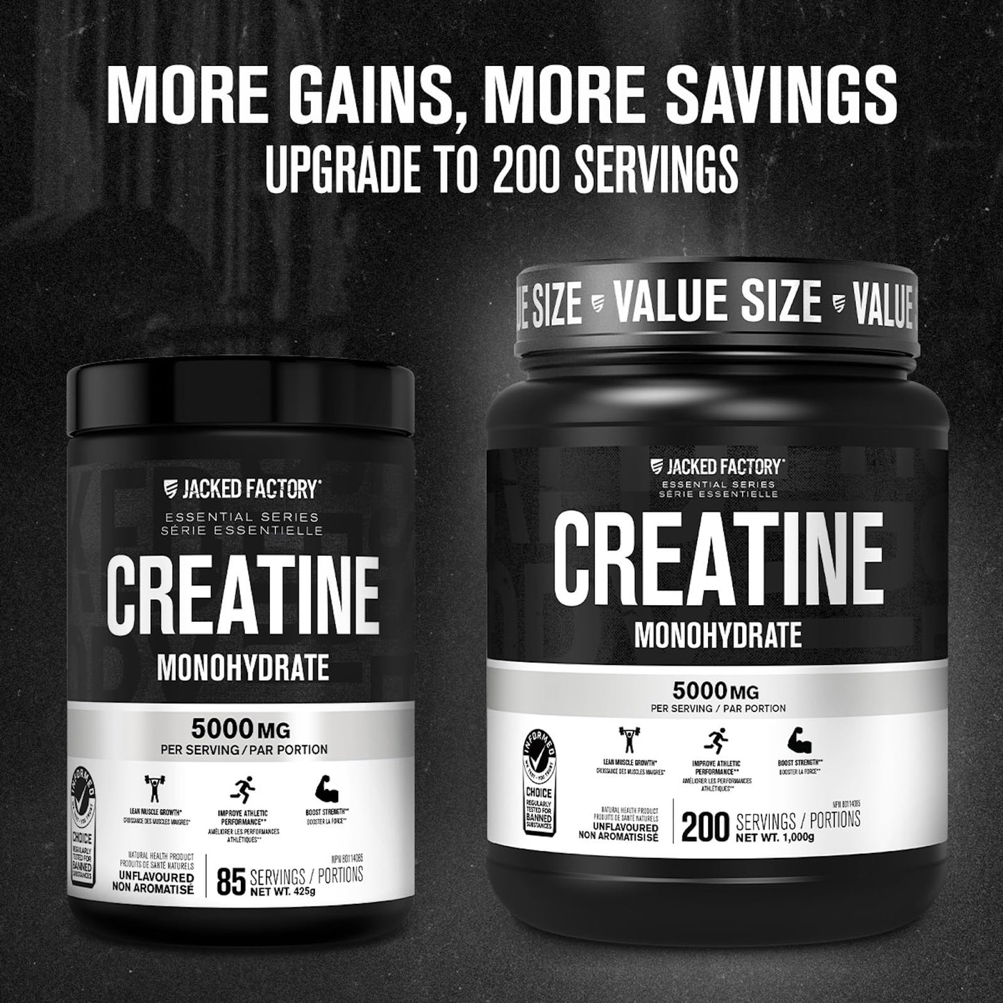 Jacked Factory Creatine Monohydrate Powder 425g - Canadian-Owned Informed Choice Certified Supplement for Increased Muscle Mass*, Improved Strength, Power, & Performance** - 85 Servings, Unflavored