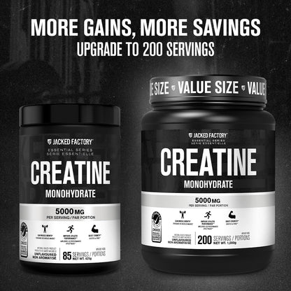Jacked Factory Creatine Monohydrate Powder 425g - Canadian-Owned Informed Choice Certified Supplement for Increased Muscle Mass*, Improved Strength, Power, & Performance** - 85 Servings, Unflavored