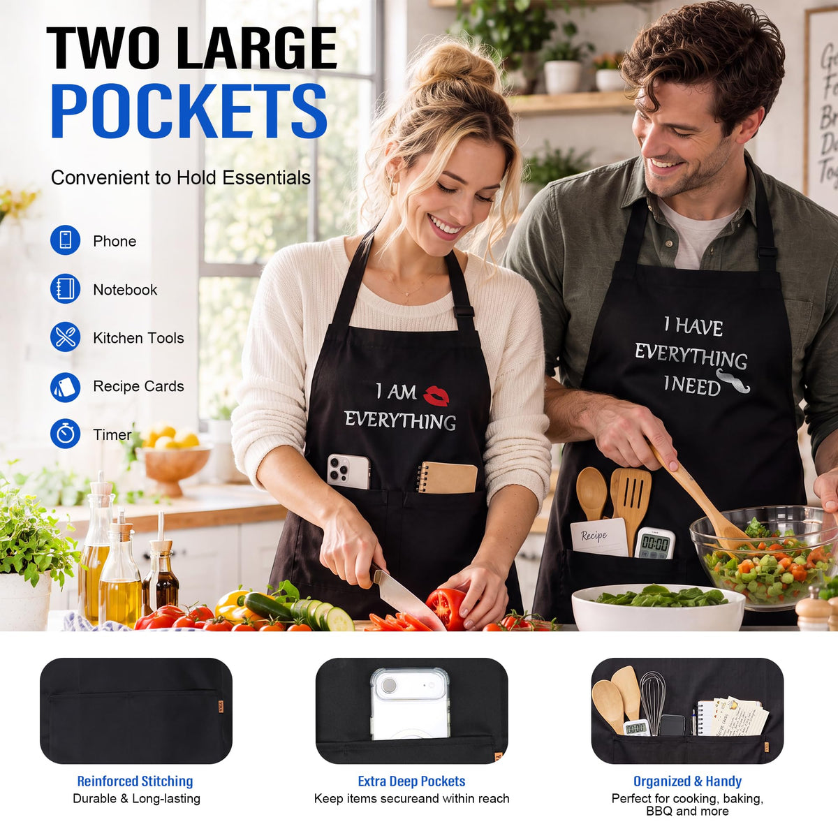 YIKA® Couples Aprons, Christmas Gift for Couples Who Have Everything, Matching Apron Set for Him and Her, Adjustable Neck Strap, Extra Long Ties, 2 Pockets, Black 🍁 All In One Marketplace Canada