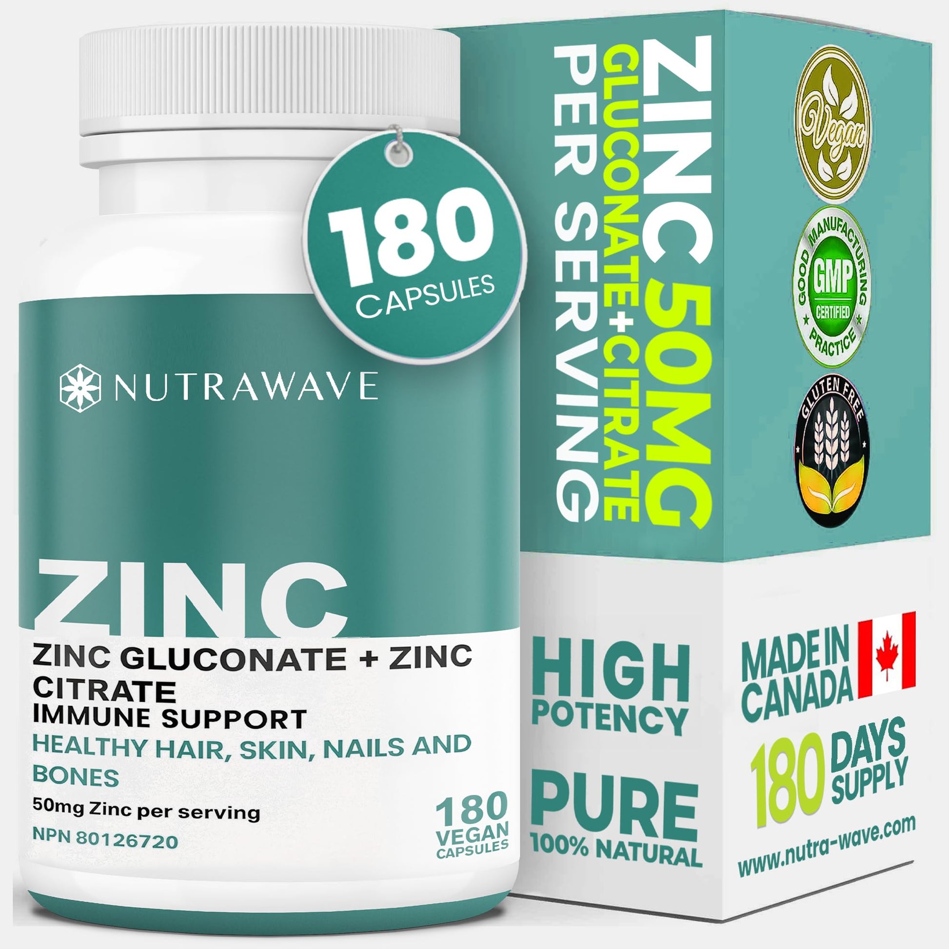 Nutrawave 2-IN-1 Zinc Supplements, High Absorption Formula 50 mg Zinc Gluconate + Zinc Citrate Chelated Stomach-Friendly Immune Booster, Healthy Skin, Hair, Nails & Bones, For Men & Women, Vegan, 6-Month Supply - Available at All In One Marketplace Canada