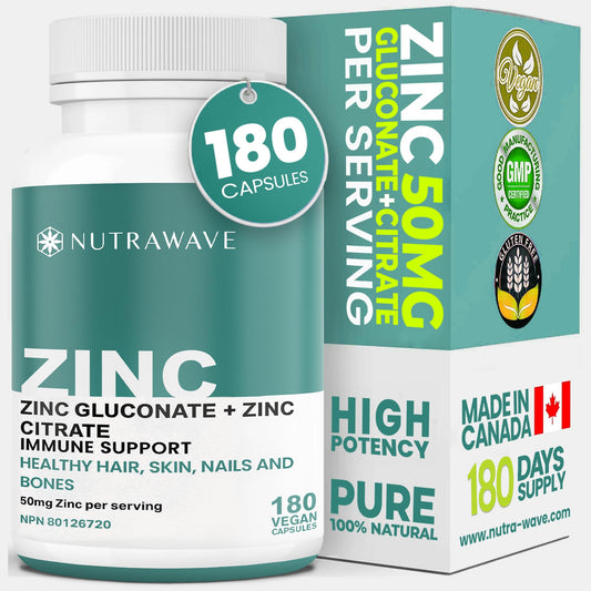 Nutrawave 2-IN-1 Zinc Supplements, High Absorption Formula 50 mg Zinc Gluconate + Zinc Citrate Chelated Stomach-Friendly Immune Booster, Healthy Skin, Hair, Nails & Bones, For Men & Women, Vegan, 6-Month Supply - Available at All In One Marketplace Canada