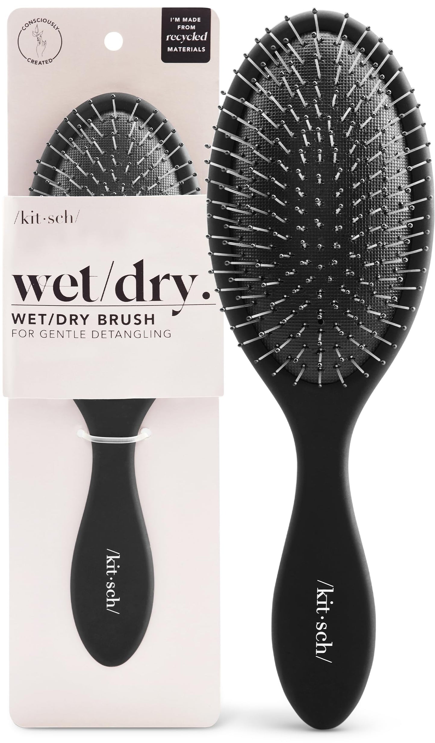Kitsch Recycled Plastic Wet/Dry Hair Brush, Detangling Tool for Curly or Straight Styles, Brush for Tangled Strands, Flexible Hairbrush Bristles, Brushes for Women & Men, Adults & Kids - Black