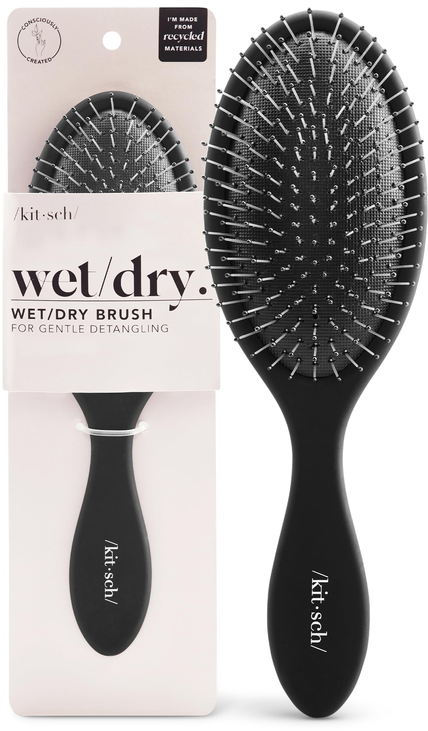 Kitsch Recycled Plastic Wet/Dry Hair Brush, Detangling Tool for Curly or Straight Styles, Brush for Tangled Strands, Flexible Hairbrush Bristles, Brushes for Women & Men, Adults & Kids - Black