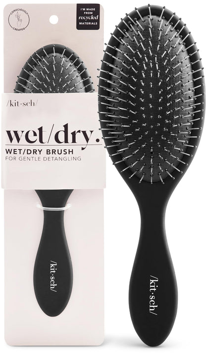 Kitsch Recycled Plastic Wet/Dry Hair Brush, Detangling Tool for Curly or Straight Styles, Brush for Tangled Strands, Flexible Hairbrush Bristles, Brushes for Women & Men, Adults & Kids - Black