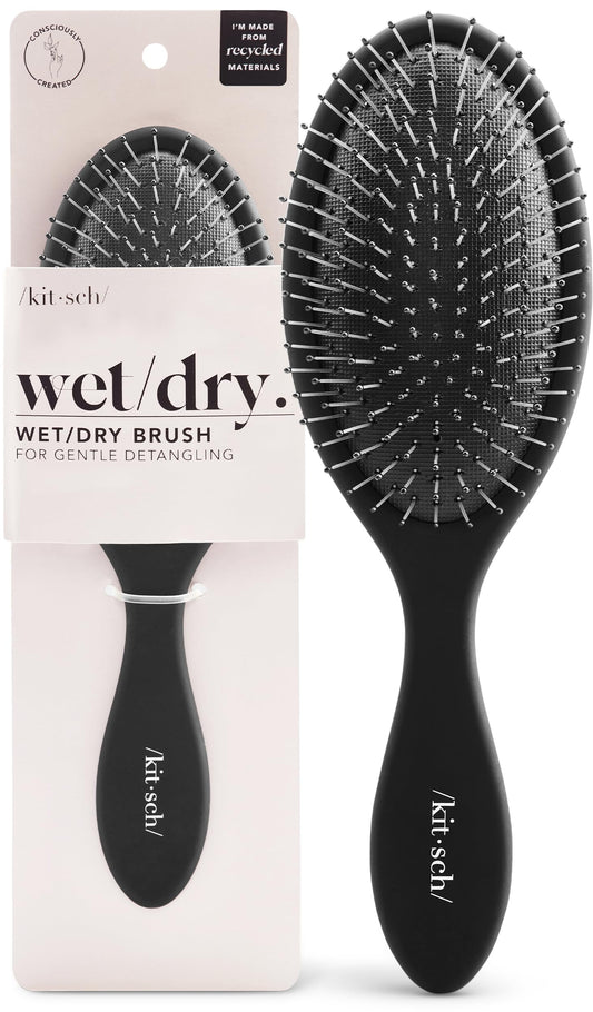 Kitsch Recycled Plastic Wet/Dry Hair Brush, Detangling Tool for Curly or Straight Styles, Brush for Tangled Strands, Flexible Hairbrush Bristles, Brushes for Women & Men, Adults & Kids - Black