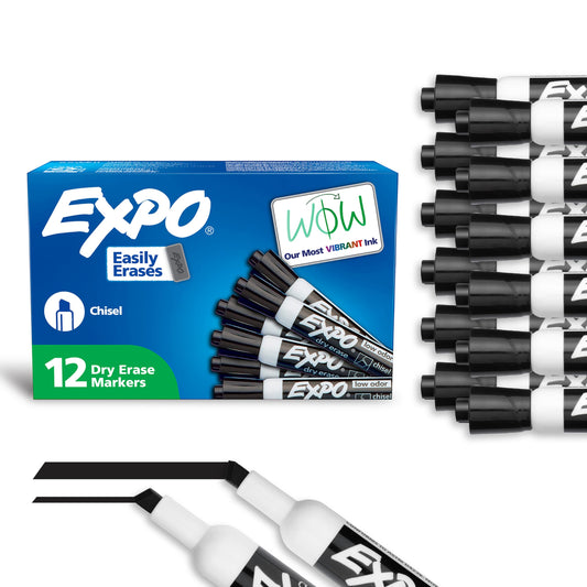EXPO Dry Erase Markers, Low Odour Ink, Black, Chisel Tip, 12 Count