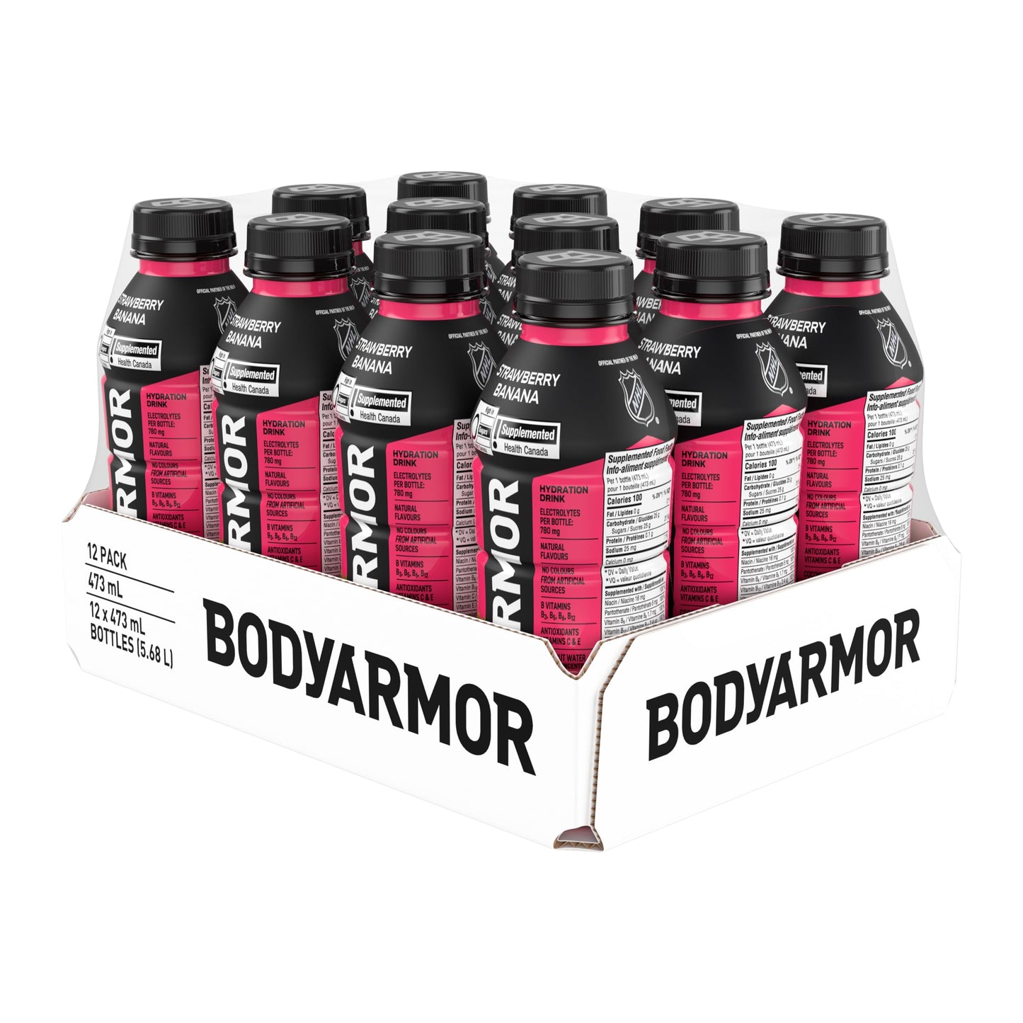 BODYARMOR SuperDrink Strawberry Banana, 473 mL Bottles (12 Pack) – Sports Hydration Drink with Coconut Water, Potassium-Packed Electrolytes and Antioxidant Vitamins Body Armor