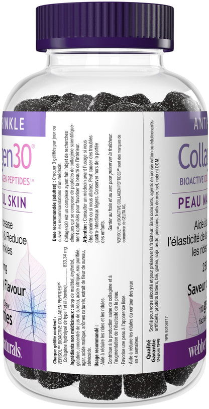 Webber Naturals Collagen30 Anti-Wrinkle Gummy, 2,500mg of Bioactive Collagen Peptides Per Serving, 110 Gummies, Helps Reduce Deep Wrinkles, Fine Lines & Stimulates Skin Cells - Available at All In One Marketplace Canada