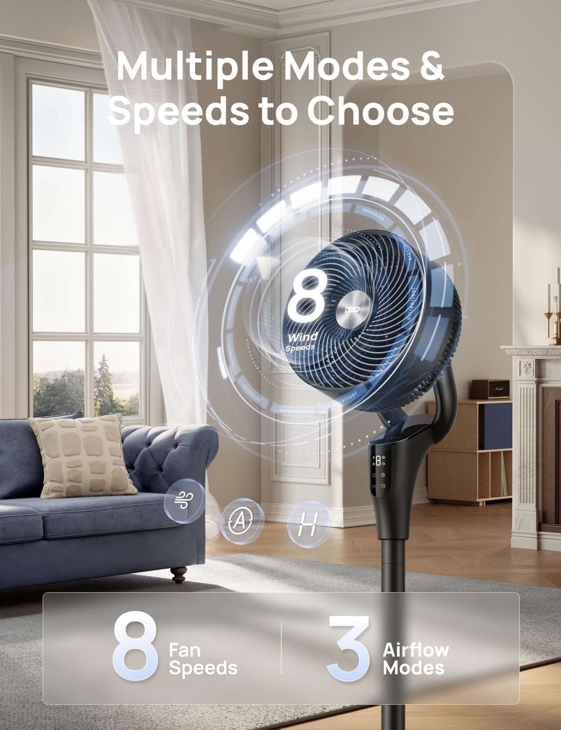 DREO Fan for Bedroom, 90° Oscillating Standing Fan, 20dB Quiet, 90ft Pedestal Fans for Room Office, DC Motor, 8+H Speeds, 3 Modes, 38-42'' Adjustable Height, Remote, 8H Timer, 105° Manual Vertical