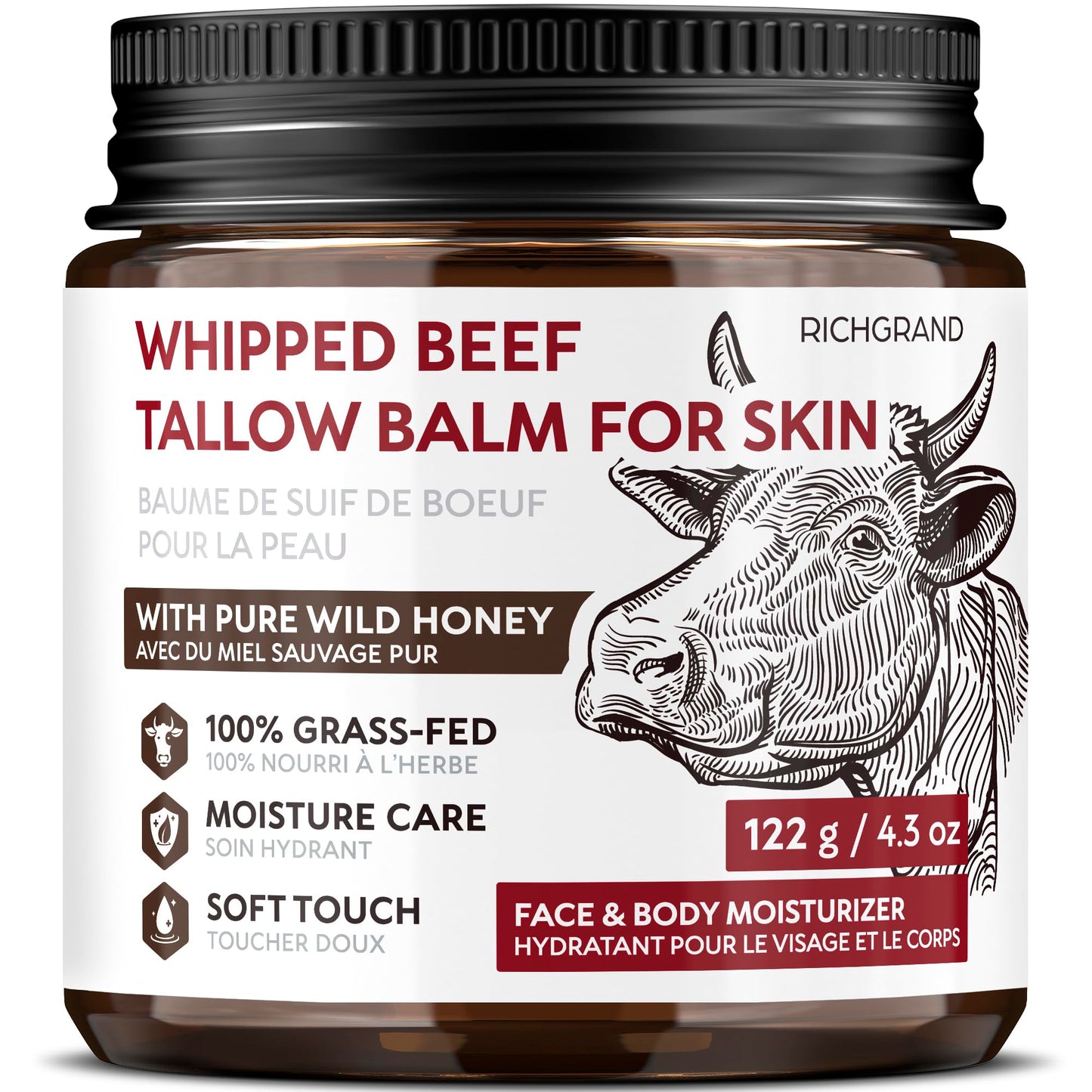 Beef Tallow Face Cream, Whipped Tallow and Honey Balm for Face and Body, Grass Fed Natural Skincare Moisturizer for Dry and Sensitive Skin, Hydrating Body Butter - Available at All In One Marketplace Canada