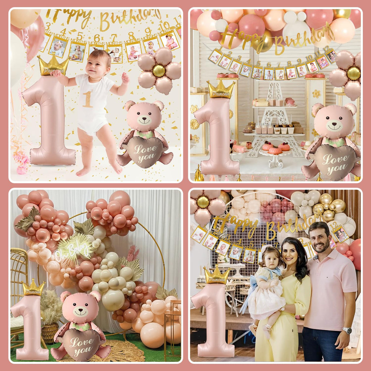 First Birthday Decorations for Girl, 1st Birthday Decorations Girl Happy Birthday Banner Cake Topper Bear Balloon Photo Banner Dusty Pink and Gold Balloons 1st Birthday Girl Decoration 🍁 All In One Marketplace Canada