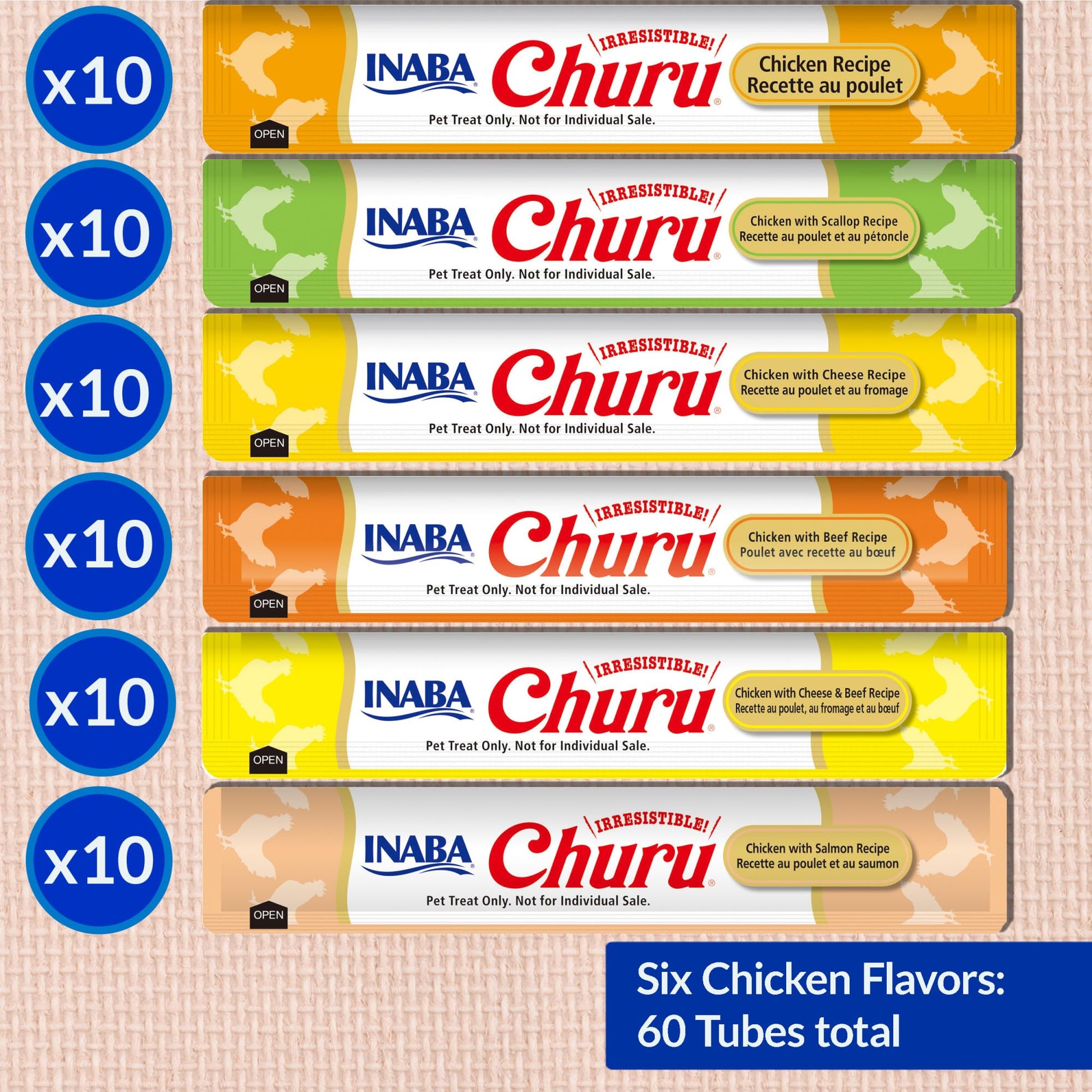 INABA Churu Cat Treats, Lickable, Squeezable Creamy Purée Cat Treat with Green Tea Extract & Taurine, 14 Grams Each Tube, 60 Tubes, Chicken Variety Box