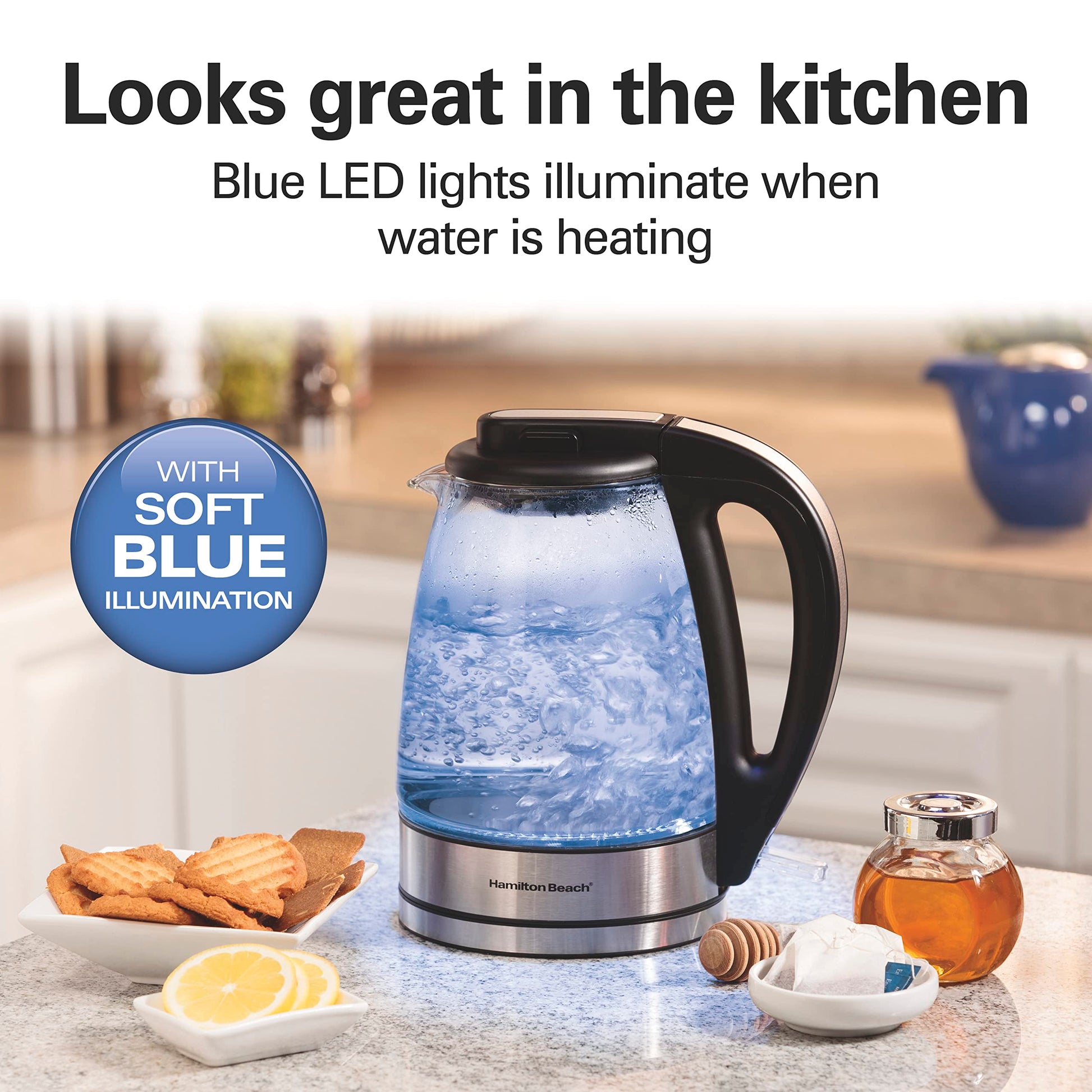 Hamilton Beach Glass Electric Kettle, 1 L, 1500W Fast Boiling Water Boiler, Cordless, Soft Blue LED Light, Auto Shutoff & Boil-Dry Protection, BPA-Free, Compact Size (40930JC)