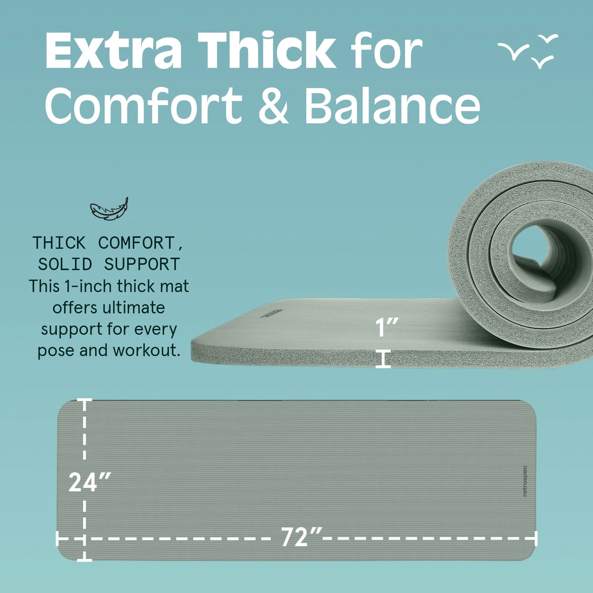 Retrospec Solana Yoga Mat 1" Thick w/Nylon Strap for Men & Women - Non Slip Exercise Mat for Home Yoga, Pilates, Stretching, Floor & Fitness Workouts - Sage