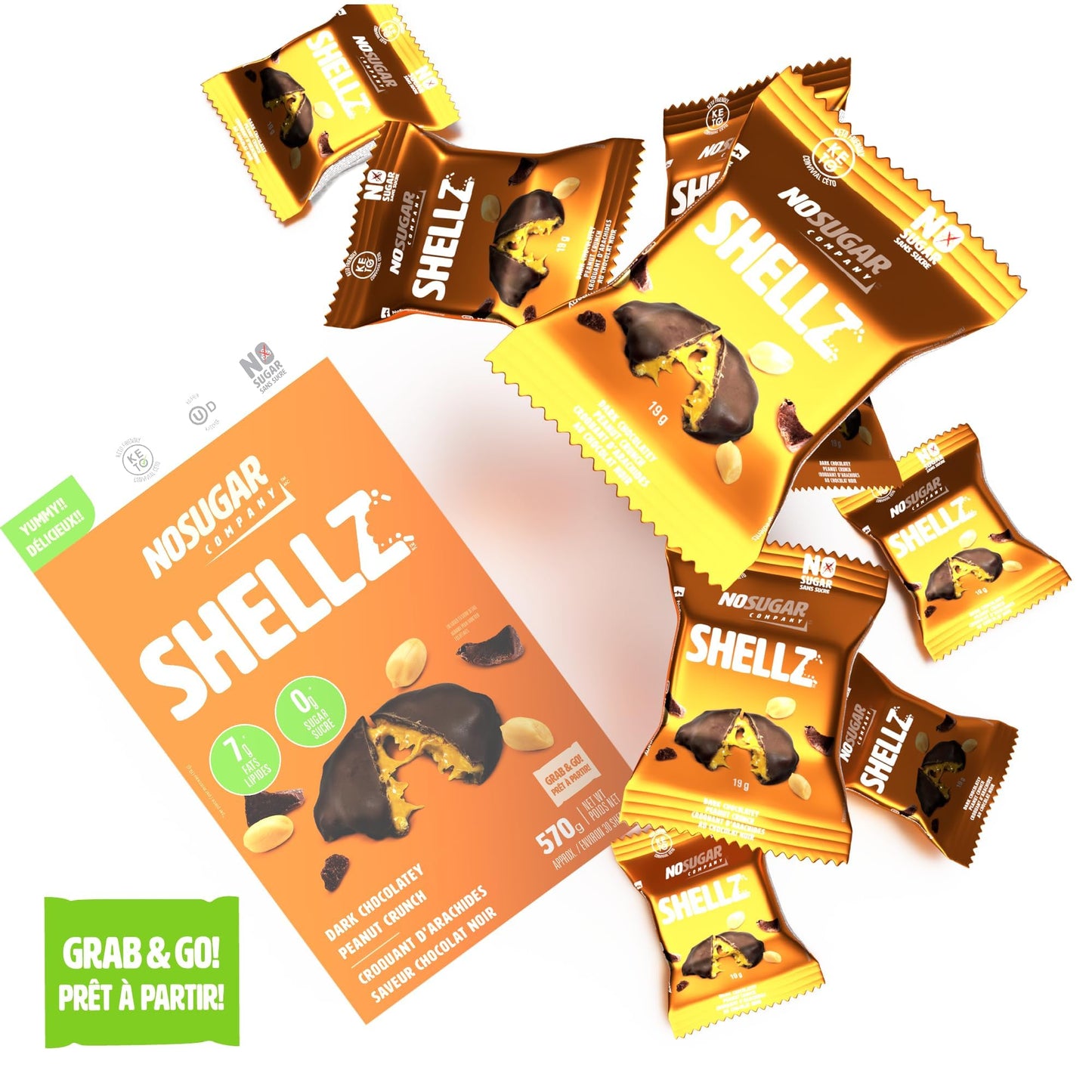 No Sugar Keto Shellz Peanut Crunch - Low Carb (1g), Sugar Free (0g) Chocolate Candy - 30 Pack Individual Wrappers - Gluten Free, Kosher